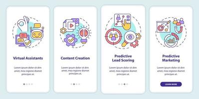 Usage of AI in marketing onboarding mobile app screen. Automation walkthrough 4 steps graphic instructions pages with linear concepts. UI, UX, GUI template. Myriad Pro-Bold, Regular fonts used vector