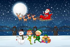 Snowy winter night with Christmas elves and santa claus on sleigh vector