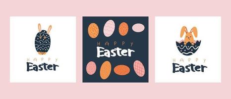 a set of Happy Easter cards with rabbits hidden in an egg vector