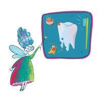 Cartoon tooth fairy. A board with an image of what harms teeth and what benefits. vector