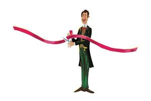 A man in a cartoon-style tailcoat cuts a red ribbon for the opening vector