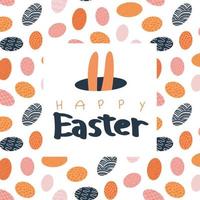 An Easter card with an lettering, multicolored eggs and a rabbit that hid. vector