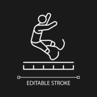 Long jump white linear icon for dark theme. Jumping for distance. Sportsman with prosthesis. Thin line customizable illustration. Isolated vector contour symbol for night mode. Editable stroke