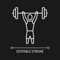 Athlete of short stature white linear icon for dark theme. Weightlifting sport. Disabled sportsmen. Thin line customizable illustration. Isolated vector contour symbol for night mode. Editable stroke
