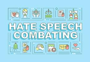 Hate speech combating word concepts banner. Staying safe online. Infographics with linear icons on blue background. Isolated creative typography. Vector outline color illustration with text