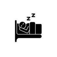 Sleep black glyph icon. Person sleeping soundly in bed. Commonplace day-to-day human life. Healthy lifestyle, habits, sleep. Silhouette symbol on white space. Vector isolated illustration