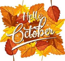 Hello October logo with ornamental autumn leaf vector