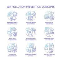 Air pollution prevention concept icons set. Renewable energy idea thin line color illustrations. Popularize afforestation. Increase parks. Reducing energy consumption. Vector isolated outline drawings