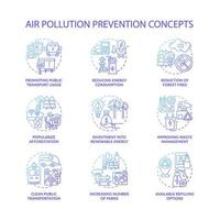 Air pollution prevention concept icons set. Renewable energy idea thin line color illustrations. Popularize afforestation. Increase parks. Reducing energy consumption. Vector isolated outline drawings