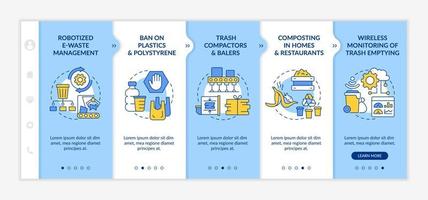 Trash recycling innovations onboarding vector template. Responsive mobile website with icons. Web page walkthrough 5 step screens. Waste management color concept with linear illustrations