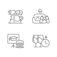 Employee engagement linear icons set. Office coffee station. Game room. Training session during lunch. Customizable thin line contour symbols. Isolated vector outline illustrations. Editable stroke