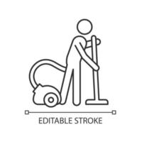 Vacuum cleaner linear icon. Person with vacuum cleaner. Maintain cleanliness in apartment. Thin line customizable illustration. Contour symbol. Vector isolated outline drawing. Editable stroke