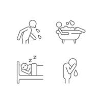 conjunto de iconos lineales de acciones humanas. hombre llorando durmiendo en la cama tumbado en un baño de burbujas. vida diaria. símbolos de contorno de línea fina personalizables. ilustraciones aisladas de contorno vectorial. trazo editable vector