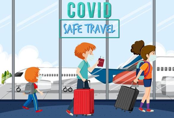 Passengers walking in airport with covid safe travel banner design