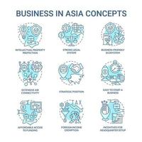 Business in Asia turquoise concept icons set. Affordable access to funding idea thin line color illustrations. Isolated outline drawings. Editable stroke. Roboto-Medium, Myriad Pro-Bold fonts used vector