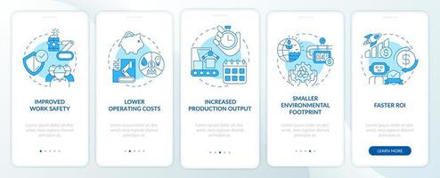 Benefits of automation blue onboarding mobile app screen. Production walkthrough 5 steps graphic instructions pages with linear concepts. UI, UX, GUI template. Myriad Pro-Bold, Regular fonts used vector