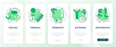 pantalla de aplicación móvil de incorporación verde de suplementos dietéticos. Guía de comidas en forma, páginas de instrucciones gráficas de 5 pasos con conceptos lineales. interfaz de usuario, ux, plantilla de interfaz gráfica de usuario. innumerables fuentes pro-negrita y regulares utilizadas vector