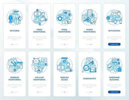 Employee monitoring blue onboarding mobile app page screen. Work tracking walkthrough 5 steps graphic instructions with concepts. UI, UX, GUI vector template with linear color illustrations