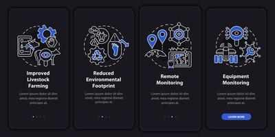 Precision agriculture pros night mode onboarding mobile app screen. Walkthrough 4 steps graphic instructions pages with linear concepts. UI, UX, GUI template. Myriad Pro-Bold, Regular fonts used vector