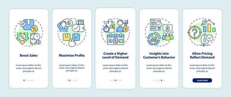 Dynamic pricing advantages onboarding mobile app screen. Boost sales walkthrough 5 steps graphic instructions pages with linear concepts. UI, UX, GUI template. Myriad Pro-Bold, Regular fonts used vector