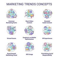 Marketing trends concept icons set. Current channels to promotion business. Customer engaging idea thin line color illustrations. Isolated symbols. Roboto-Medium, Myriad Pro-Bold fonts used vector