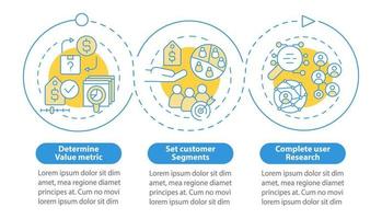 plantilla infográfica de círculo azul de creación de estrategia de precios. visualización de datos con 3 pasos. gráfico de información de la línea de tiempo del proceso. diseño de flujo de trabajo con iconos de línea. innumerables fuentes pro-negrita y regulares utilizadas vector