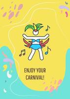 Enjoy your carnival greeting card with color icon element. Brazilian card. Postcard vector design. Decorative flyer with creative illustration. Notecard with congratulatory message on yellow