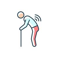 Risk factor linked to age RGB color icon. Elderly man with back ache. Increasing risk of spinal arthritis development. Age-related condition. Isolated vector illustration. Simple filled line drawing