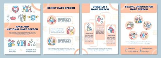 Racist and national hate speech brochure template. Hate crime. Flyer, booklet, leaflet print, cover design with linear icons. Vector layouts for presentation, annual reports, advertisement pages