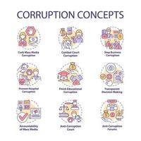 Corruption concept icons set. Corrupted government idea thin line color illustrations. Bribery in government. Embezzlement of budget money. Vector isolated outline drawings. Editable stroke