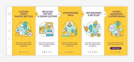 Upcycled materials onboarding vector template. Responsive mobile website with icons. Web page walkthrough 5 step screens. Waste recycling trends color concept with linear illustrations