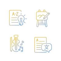 Variety of subjects in school gradient linear vector icons set. Learning foreign languages. Financial literacy. Thin line contour symbols bundle. Isolated outline illustrations collection