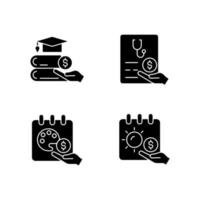 Workplace wellbeing benefits black glyph icons set on white space. Tuition reimbursement. Paid sick days. Sabbatical leave. Unlimited vacation. Silhouette symbols. Vector isolated illustration