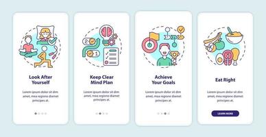 Well balanced life tips onboarding mobile app screen. Selfcare walkthrough 4 steps graphic instructions pages with linear concepts. UI, UX, GUI template. Myriad Pro-Bold, Regular fonts used vector