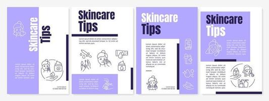 Skincare tips purple brochure template. Healthy skin routine. Booklet print design with linear icons. Vector layouts for presentation, annual reports, ads. Anton-Regular, Lato-Regular fonts used