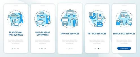 Taxi business types blue and white onboarding mobile app screen. Ride walkthrough 5 steps graphic instructions pages with linear concepts. UI, UX, GUI template. Myriad Pro-Bold, Regular fonts used vector