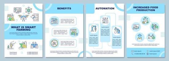 Smart farming brochure template. Automation approach. Booklet print design with linear icons. Vector layouts for presentation, annual reports, ads. Arial-Black, Myriad Pro-Regular fonts used