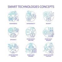 Smart technologies blue gradient concept icons set. Security and efficiency idea thin line color illustrations. Smart plant sensors. Isolated symbols. Roboto-Medium, Myriad Pro-Bold fonts used vector