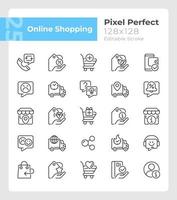 Online shopping pixel perfect linear icons set. Electronic commerce. Customizable thin line symbols. Isolated vector outline illustrations. Editable stroke. Quicksand-Light font used