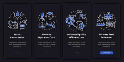 Smart farming advantages night mode onboarding mobile app screen. Walkthrough 4 steps graphic instructions pages with linear concepts. UI, UX, GUI template. Myriad Pro-Bold, Regular fonts used vector