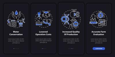ventajas de agricultura inteligente pantalla de aplicación móvil de incorporación de modo nocturno. tutorial 4 pasos páginas de instrucciones gráficas con conceptos lineales. interfaz de usuario, ux, plantilla de interfaz gráfica de usuario. innumerables fuentes pro-negrita y regulares utilizadas vector