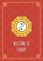 Welcome to China greeting card with color icon element set. Yin Yang chinese sign. Postcard vector design. Decorative flyer with creative illustration. Notecard with congratulatory message on red