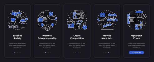 Market economy advantages night mode onboarding mobile app screen. Walkthrough 5 steps graphic instructions pages with linear concepts. UI, UX, GUI template. Myriad Pro-Bold, Regular fonts used vector