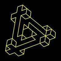 Impossible shape. Sacred geometry figure. Optical illusion. Abstract eternal geometric object. Impossible endless outline shape. Optical art. Impossible geometry shape on a black background. Line art. vector