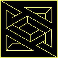 Optical illusion shape, impossible figure, yellow lines on a black background, optical art object. Geometry. vector