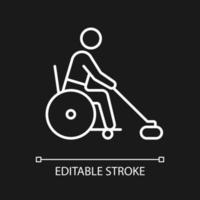 Wheelchair curling white linear icon for dark theme. Adaptive ice sport. Sportsman with disability. Thin line customizable illustration. Isolated vector contour symbol for night mode. Editable stroke