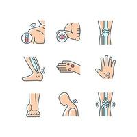 Joint problems RGB color icons set. Muscle aches. Tendons stiffness. Ligament sprain. Arthritis symptoms. Infection in bones. Isolated vector illustrations. Simple filled line drawings collection