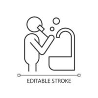 Brush teeth linear icon. Person brushing teeth near sink. Dental hygiene. Healty habit. Thin line customizable illustration. Contour symbol. Vector isolated outline drawing. Editable stroke