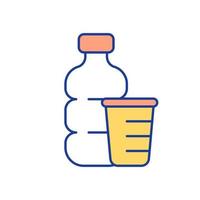 Plastic bottle and cup RGB color icon. Cup for measuring liquid amount. Closed water bottle. Liquid products storage units. Isolated vector illustration. Simple filled line drawing