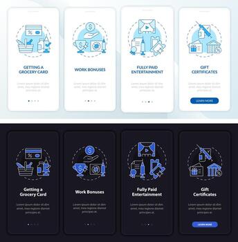 Vaccination incentives onboarding mobile app page screen. Grocery card walkthrough 4 steps graphic instructions with concepts. UI, UX, GUI vector template with linear night and day mode illustrations
